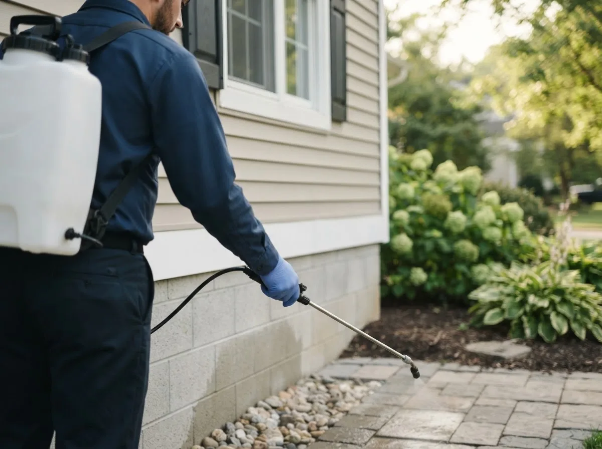 Pest control technician inspecting a home in Herman, NE